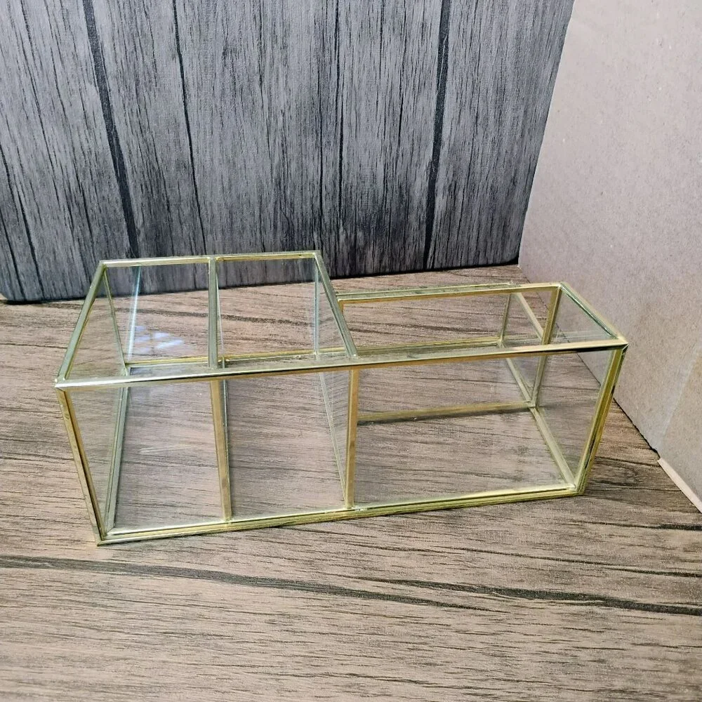 Glass & Brass Tone Vanity Organizer for Makeup, Desk, Bathroom Storage